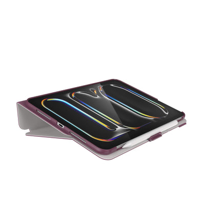 Three-quarter view of the front of the case, using typing stand formation#color_plumberry-purple-crushed-purple-crepe-pink