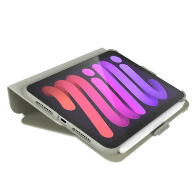 Three-quarter view of the front of the case, using typing stand formation#color_velvet-green-oakmoss-green