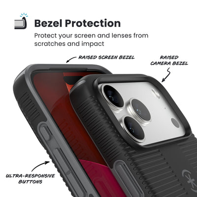 Raised bezels around phone screen and camera are highlighted. Text reads Bezel Protectection: Protect your screen and lenses from scratches and impact; Raised screen bezel; Raised camera bezel; Ultra-responsive buttons#color_black-slate-grey