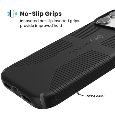 Close-up of grips on the back and side of a phone case. Text reads No-Slip Grips: Innovated no-slip inverted grips provide improved hold; Get a grip!#color_black-slate-grey