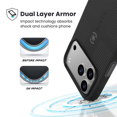 A corner of the case impacts the ground - a diagram shows interior cushion of phone before impact and on impact. Text reads Dual Layer Armor: Impact technology absorbs shock and cushions phone; 13-foot drop tested#color_black-slate-grey