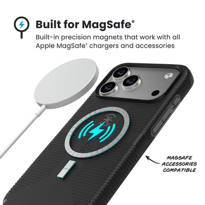 A MagSafe charger hovers over the back of the phone case. Text reads Built for MagSafe: Built-in precision magnets that work with all Apple MagSafe chargers and accessories; MagSafe accessories compatible#color_black-slate-grey