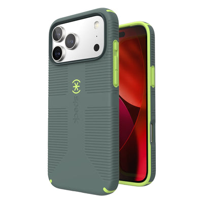 Three-quarter view of back of phone case with phone inside shown over top of front view of phone case with phone inside#color_neo-drab-glow-green