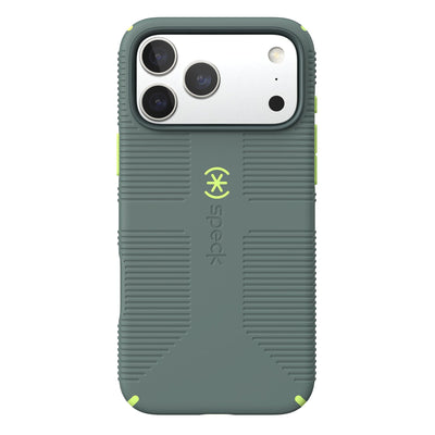 Back view of the phone case with phone inside from straight on#color_neo-drab-glow-green