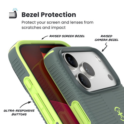 Raised bezels around phone screen and camera are highlighted. Text reads Bezel Protectection: Protect your screen and lenses from scratches and impact; Raised screen bezel; Raised camera bezel; Ultra-responsive buttons#color_neo-drab-glow-green
