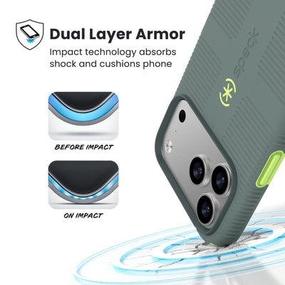 A corner of the case impacts the ground - a diagram shows interior cushion of phone before impact and on impact. Text reads Dual Layer Armor: Impact technology absorbs shock and cushions phone; 13-foot drop tested#color_neo-drab-glow-green