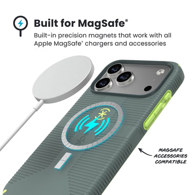 A MagSafe charger hovers over the back of the phone case. Text reads Built for MagSafe: Built-in precision magnets that work with all Apple MagSafe chargers and accessories; MagSafe accessories compatible#color_neo-drab-glow-green