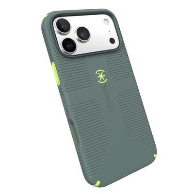 Tilted slight perspective view of back of phone case with phone inside#color_neo-drab-glow-green