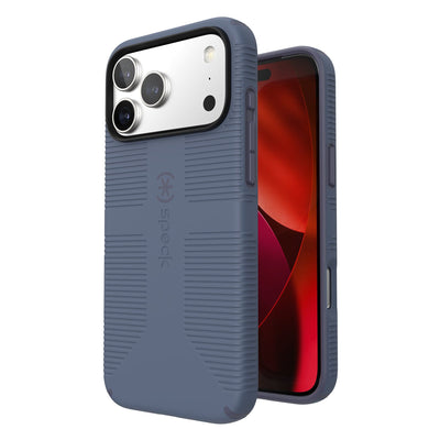 Three-quarter view of back of phone case with phone inside shown over top of front view of phone case with phone inside#color_mystery-blue-faded-denim