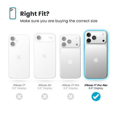 All four phones are shown; the iPhone 17 Pro Max 6.9-inch display is highlighted. Text reads Right fit? Make sure you are buying the correct size#color_mystery-blue-faded-denim
