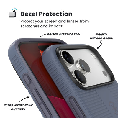 Raised bezels around phone screen and camera are highlighted. Text reads Bezel Protectection: Protect your screen and lenses from scratches and impact; Raised screen bezel; Raised camera bezel; Ultra-responsive buttons#color_mystery-blue-faded-denim