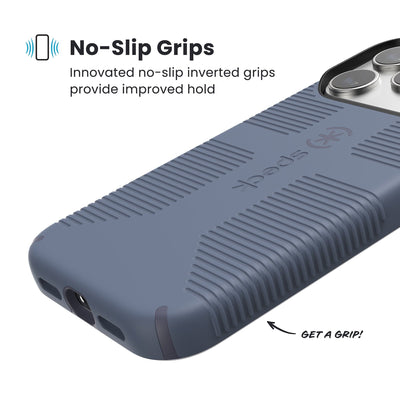 Close-up of grips on the back and side of a phone case. Text reads No-Slip Grips: Innovated no-slip inverted grips provide improved hold; Get a grip!#color_mystery-blue-faded-denim