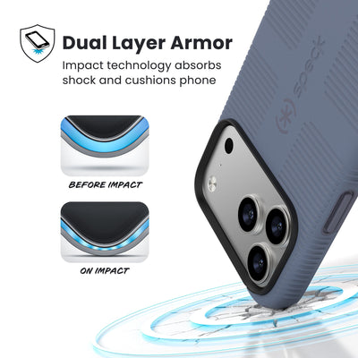 A corner of the case impacts the ground - a diagram shows interior cushion of phone before impact and on impact. Text reads Dual Layer Armor: Impact technology absorbs shock and cushions phone; 13-foot drop tested#color_mystery-blue-faded-denim
