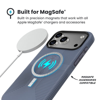 A MagSafe charger hovers over the back of the phone case. Text reads Built for MagSafe: Built-in precision magnets that work with all Apple MagSafe chargers and accessories; MagSafe accessories compatible#color_mystery-blue-faded-denim