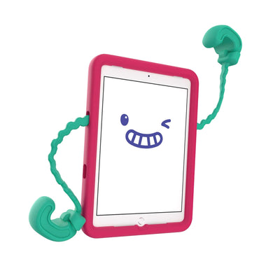 Case-E facing forwards with one arm up and one arm down