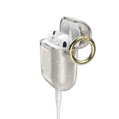 Three-quarter view of front of the case, with lid open and charge cable attached