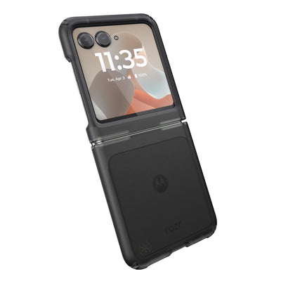 Tilted three-quarter angled view of back of fully open flip phone in case