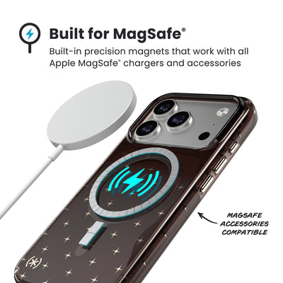 A MagSafe charger hovers over the back of the phone case. Text reads Built for MagSafe: Built-in precision magnets that work with all Apple MagSafe chargers and accessories; MagSafe accessories compatible#color_luxury-shade-gold-stars