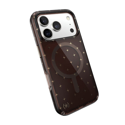 Tilted slight perspective view of back of phone case with phone inside#color_luxury-shade-gold-stars