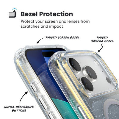 Raised bezels around phone screen and camera are highlighted. Text reads Bezel Protectection: Protect your screen and lenses from scratches and impact; Raised screen bezel; Raised camera bezel; Ultra-responsive buttons#color_clear-hyper-mirror-glitter