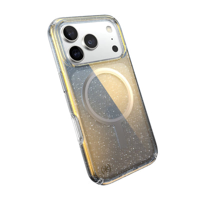 Tilted slight perspective view of back of phone case with phone inside#color_clear-hyper-mirror-glitter