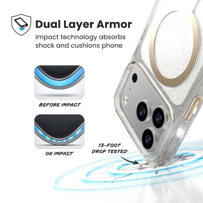 A corner of the case impacts the ground - a diagram shows interior cushion of phone before impact and on impact. Text reads Dual Layer Armor: Impact technology absorbs shock and cushions phone; 13-foot drop tested#color_clear-gold-glitter