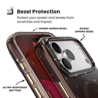 Raised bezels around phone screen and camera are highlighted. Text reads Bezel Protectection: Protect your screen and lenses from scratches and impact; Raised screen bezel; Raised camera bezel; Ultra-responsive buttons#color_luxury-shade-gold-stars