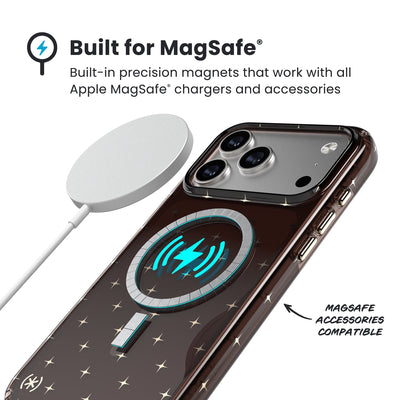 A MagSafe charger hovers over the back of the phone case. Text reads Built for MagSafe: Built-in precision magnets that work with all Apple MagSafe chargers and accessories; MagSafe accessories compatible#color_luxury-shade-gold-stars