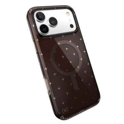 Tilted slight perspective view of back of phone case with phone inside#color_luxury-shade-gold-stars