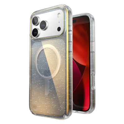 Three-quarter view of back of phone case with phone inside shown over top of front view of phone case with phone inside#color_clear-hyper-mirror-glitter