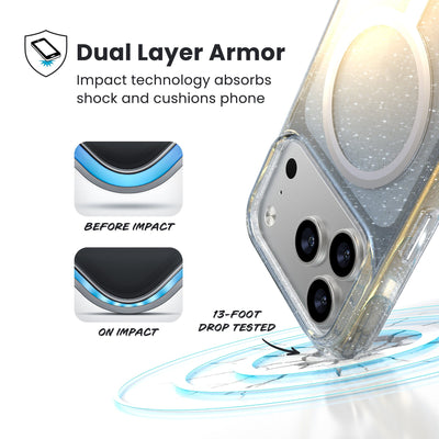 A corner of the case impacts the ground - a diagram shows interior cushion of phone before impact and on impact. Text reads Dual Layer Armor: Impact technology absorbs shock and cushions phone; 13-foot drop tested#color_clear-hyper-mirror-glitter