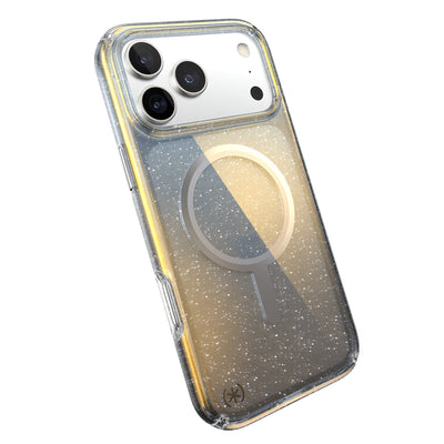 Tilted slight perspective view of back of phone case with phone inside#color_clear-hyper-mirror-glitter