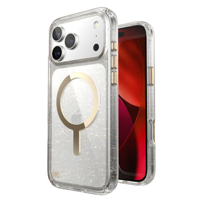 Three-quarter view of back of phone case with phone inside shown over top of front view of phone case with phone inside#color_clear-gold-glitter