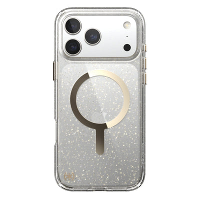 Back view of the phone case with phone inside from straight on#color_clear-gold-glitter
