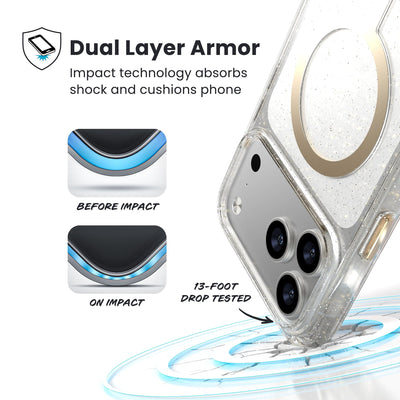 A corner of the case impacts the ground - a diagram shows interior cushion of phone before impact and on impact. Text reads Dual Layer Armor: Impact technology absorbs shock and cushions phone; 13-foot drop tested#color_clear-gold-glitter
