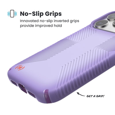 Close-up of grips on the back and side of a phone case. Text reads No-Slip Grips: Innovated no-slip inverted grips provide improved hold; Get a grip!#color_purple-fade-magic-purple-new-poppy