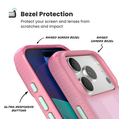 Raised bezels around phone screen and camera are highlighted. Text reads Bezel Protectection: Protect your screen and lenses from scratches and impact; Raised screen bezel; Raised camera bezel; Ultra-responsive buttons#color_ibis-pink-dark-ibis-kanom-green