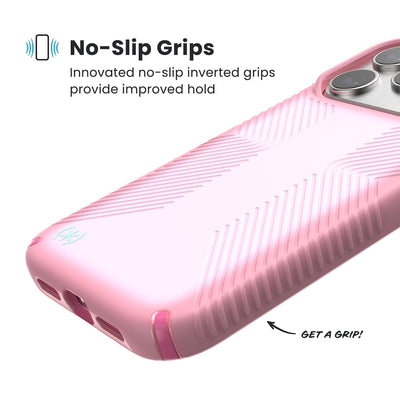 Close-up of grips on the back and side of a phone case. Text reads No-Slip Grips: Innovated no-slip inverted grips provide improved hold; Get a grip!#color_ibis-pink-dark-ibis-kanom-green