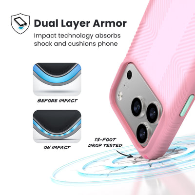 A corner of the case impacts the ground - a diagram shows interior cushion of phone before impact and on impact. Text reads Dual Layer Armor: Impact technology absorbs shock and cushions phone; 13-foot drop tested#color_ibis-pink-dark-ibis-kanom-green