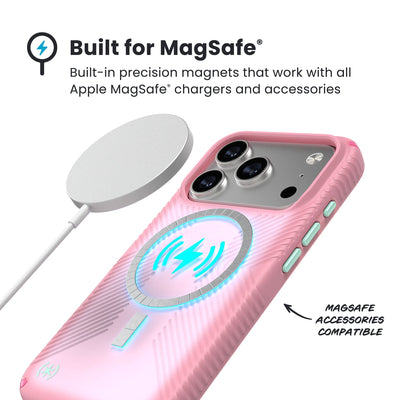 A MagSafe charger hovers over the back of the phone case. Text reads Built for MagSafe: Built-in precision magnets that work with all Apple MagSafe chargers and accessories; MagSafe accessories compatible#color_ibis-pink-dark-ibis-kanom-green
