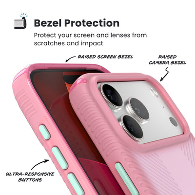 Raised bezels around phone screen and camera are highlighted. Text reads Bezel Protectection: Protect your screen and lenses from scratches and impact; Raised screen bezel; Raised camera bezel; Ultra-responsive buttons#color_ibis-pink-dark-ibis-kanom-green