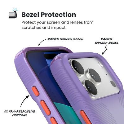 Raised bezels around phone screen and camera are highlighted. Text reads Bezel Protectection: Protect your screen and lenses from scratches and impact; Raised screen bezel; Raised camera bezel; Ultra-responsive buttons#color_purple-fade-magic-purple-new-poppy