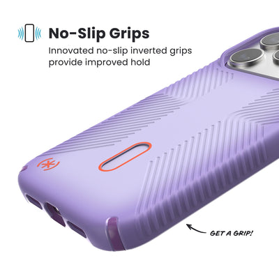 Close-up of grips on the back and side of a phone case. Text reads No-Slip Grips: Innovated no-slip inverted grips provide improved hold; Get a grip!#color_purple-fade-magic-purple-new-poppy