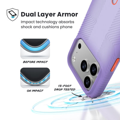 A corner of the case impacts the ground - a diagram shows interior cushion of phone before impact and on impact. Text reads Dual Layer Armor: Impact technology absorbs shock and cushions phone; 13-foot drop tested#color_purple-fade-magic-purple-new-poppy