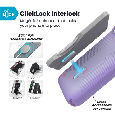 A ClickLock Wallet accessory hovers over the back of the phone case with interlock bolt extended and arrow pointing to bolt receptacle in case. Various Speck ClickLock accessories are also shown. Text reads ClickLock Interlock: MagSafe enhancer that locks your phone into place; Built for MagSafe and ClickLock; Locks Speck ClickLock accessories onto phone#color_purple-fade-magic-purple-new-poppy
