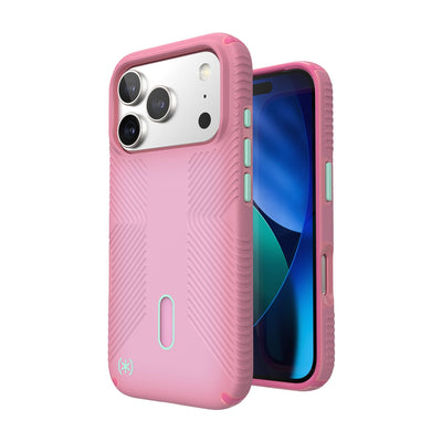 Three-quarter view of back of phone case with phone inside shown over top of front view of phone case with phone inside#color_ibis-pink-dark-ibis-kanom-green