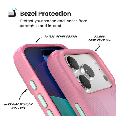 Raised bezels around phone screen and camera are highlighted. Text reads Bezel Protectection: Protect your screen and lenses from scratches and impact; Raised screen bezel; Raised camera bezel; Ultra-responsive buttons#color_ibis-pink-dark-ibis-kanom-green