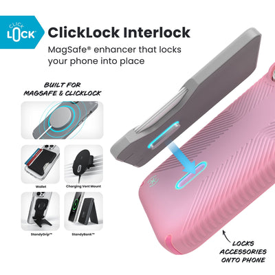 A ClickLock Wallet accessory hovers over the back of the phone case with interlock bolt extended and arrow pointing to bolt receptacle in case. Various Speck ClickLock accessories are also shown. Text reads ClickLock Interlock: MagSafe enhancer that locks your phone into place; Built for MagSafe and ClickLock; Locks Speck ClickLock accessories onto phone#color_ibis-pink-dark-ibis-kanom-green