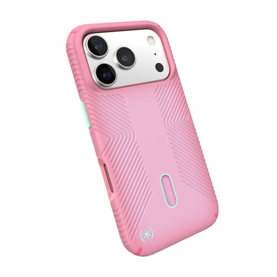 Tilted slight perspective view of back of phone case with phone inside