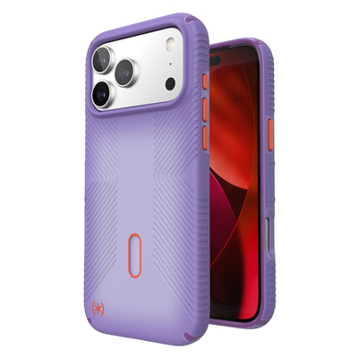 Three-quarter view of back of phone case with phone inside shown over top of front view of phone case with phone inside#color_purple-fade-magic-purple-new-poppy